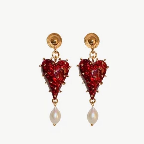 ♥️ Elegant Red Heart Dangle Earrings with Pearl Drop ♥️ - Picture 1 of 6